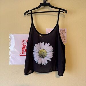 Sheer daisy graphic black tank top